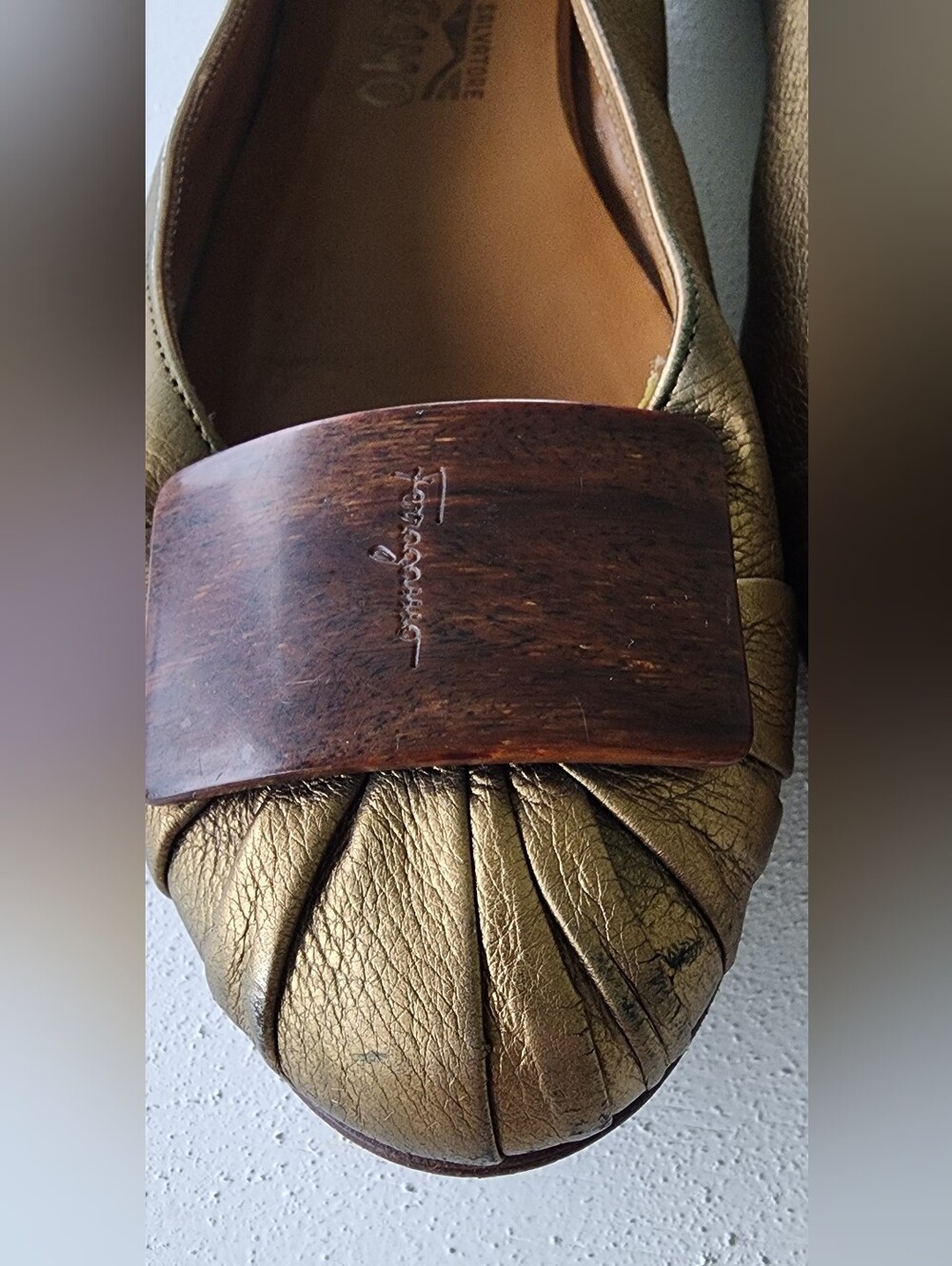 Salvatore Ferragamo Gold Leather Cap-Toe Ballet Flats - Picture 2 of 12